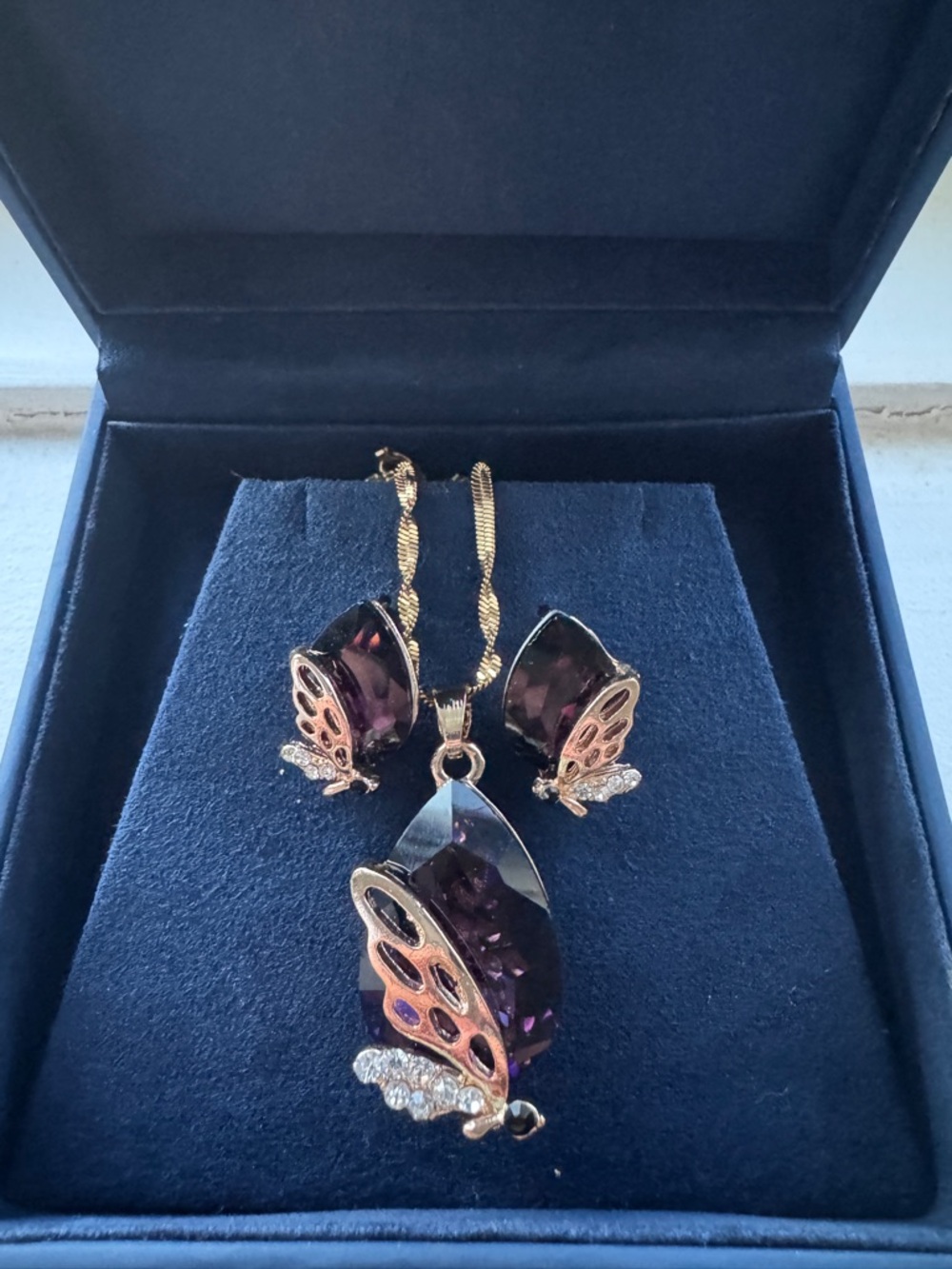 Mother’s Day 🎁Gold Butterfly Amethyst Pendant Necklace & Earring Set